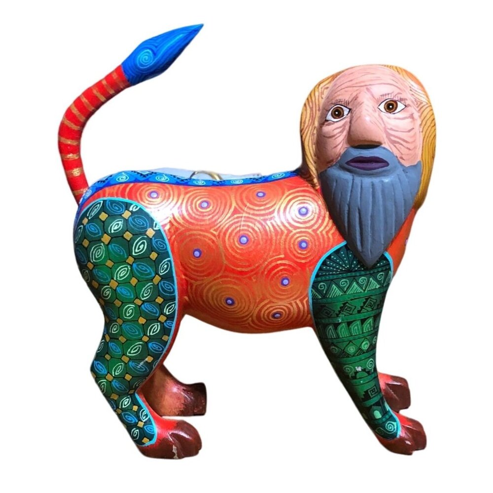 Albrijes Oaxacan Wood Carving Handcarved Nahuales Dog Man Mexican Folkart Signed